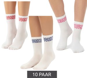 10 Paar bequeme ZWILLINGSHERZ Damen Socken Tennis-Socken mit Leoparden-Muster Alltags-Strümpfe Baumwoll-Socken 4603S K248144 Weiß/Pink, Weiß/Rot oder Weiß/Blau