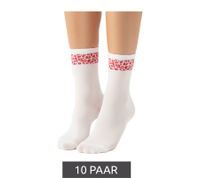 10 Paar bequeme ZWILLINGSHERZ Damen Socken Tennis-Socken mit Leoparden-Muster Alltags-Strümpfe Baumwoll-Socken 4603S K248144 Weiß/Pink, Weiß/Rot oder Weiß/Blau