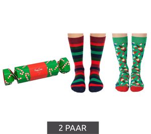 2 Paar Happy Socks Candy Cane Holiday Damen Baumwoll-Socken Sparpack mit weihnachtlichem-Print Alltags-Strümpfe in Geschenk-Box SXPOL02-7300 Grün/Bunt