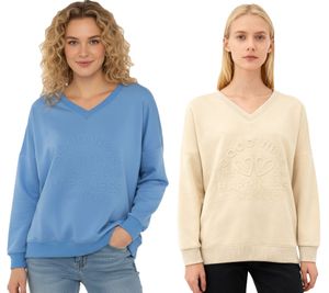 bequemer ZWILLINGSHERZ Pullover Damen Sweat-Pullover GOOD VIBES HAPPINESS mit V-Ausschnitt 46080 Beige oder Blau