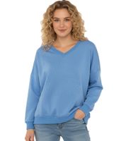 bequemer ZWILLINGSHERZ Pullover Damen Sweat-Pullover GOOD VIBES HAPPINESS mit V-Ausschnitt 46080 Beige oder Blau