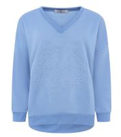 bequemer ZWILLINGSHERZ Pullover Damen Sweat-Pullover GOOD VIBES HAPPINESS mit V-Ausschnitt 46080 Beige oder Blau