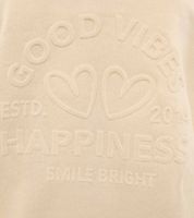 bequemer ZWILLINGSHERZ Pullover Damen Sweat-Pullover GOOD VIBES HAPPINESS mit V-Ausschnitt 46080 Beige oder Blau