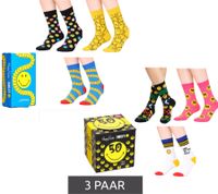 3 Paar Happy Socks Unisex Baumwoll-Socken Sparpack mit Smiley-Print Alltags-Strümpfe in Geschenk-Box Gelb/Schwarz/Blau oder Schwarz/Pink/Weiß