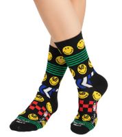 3 Paar Happy Socks Unisex Baumwoll-Socken Sparpack mit Smiley-Print Alltags-Strümpfe in Geschenk-Box Gelb/Schwarz/Blau oder Schwarz/Pink/Weiß