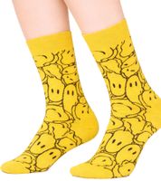 3 Paar Happy Socks Unisex Baumwoll-Socken Sparpack mit Smiley-Print Alltags-Strümpfe in Geschenk-Box Gelb/Schwarz/Blau oder Schwarz/Pink/Weiß