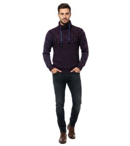 Modern men's knit sweater with roll neck and contrasting knit textured sweater 13366 Marine