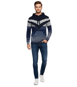 Men's sporty knit hooded pullover in colorblock design, sweater with kangaroo pocket, hoodie 13311 Marine