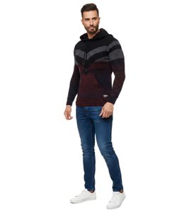 Men's sporty knit hooded pullover in colorblock design, sweater with kangaroo pocket, hoodie 13311, burgundy