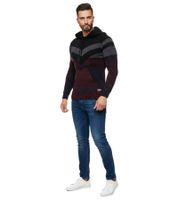 Men's sporty knit hooded pullover in colorblock design, sweater with kangaroo pocket, hoodie 13311, burgundy