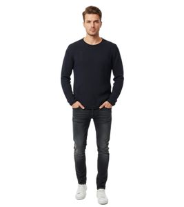 Moderner Herren Strick-Pullover im Destroyed Look Slim Fit Rundhals-Sweater mit Strukturstrick 13249 Marine 