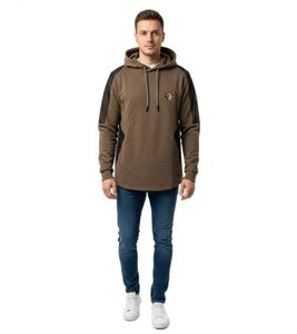 Modern men's hoodie with textured sleeves and logo patch, hooded pullover sweater 19072 Khaki