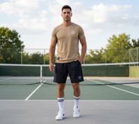 2-Piece ON THAT ASS Bolt Men's Sports Set Performance Set Gym Outfit with T-Shirt & Shorts Camel/Black