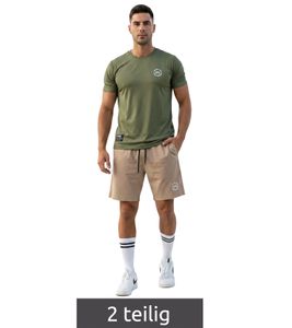2-Piece ON THAT ASS Bolt Men's Sports Set Performance Set Gym Outfit with T-Shirt & Shorts Green/Beige