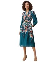 Robe midi femme de haute qualité, robe à manches longues boutonnée, robe en ramie avec ceinture 978291 Vert/Multicolore