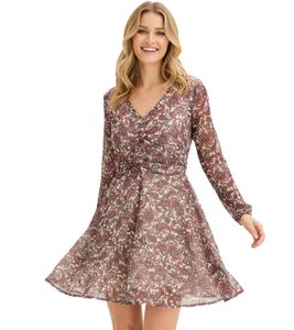 Robe d'été courte femme en mousseline à motif cachemire 928788 Beige/Violet/Gris