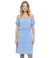 Lightweight Women's Summer Dress with Floral Print, Off-the-Shoulder Neckline 915957 Blue/White