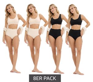 8er Sparpack Damen komfortabler Taillen-Slip Unterwäsche aus glatter Mikrofaser nachhaltige High-Waist Unterhose 952192 Schwarz/Beige