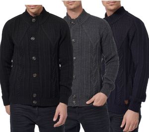 Klassische Herren Grobstrick Strick-Jacke mit Stehkragen und Knopfleiste Struktur-Cardigan 13401 Schwarz, Marine-Blau oder Grau