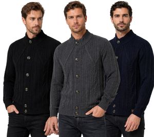 Klassische Herren Grobstrick Strick-Jacke mit Stehkragen und Knopfleiste Struktur-Cardigan 13401 Schwarz, Marine-Blau oder Grau