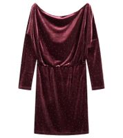 Abito corto da donna in velluto fluente e glitter, abito da sera 942820, rosso bordeaux