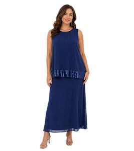 Damen Maxi-Kleid aus feinem Georgette mit Pailletten Ausgeh-Kleid ärmellos 975925 Dunkelblau