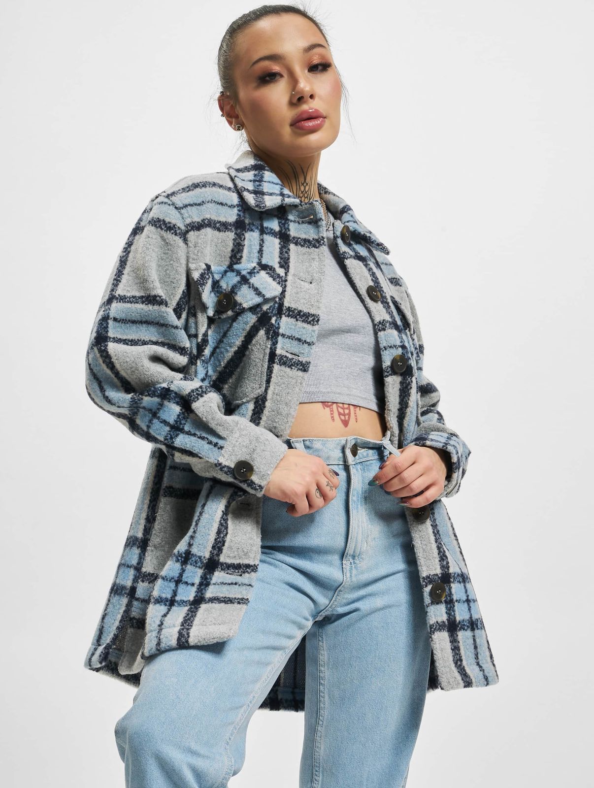 ONLY Damen Jacke Kurzmantel Karohemd-Design Grau