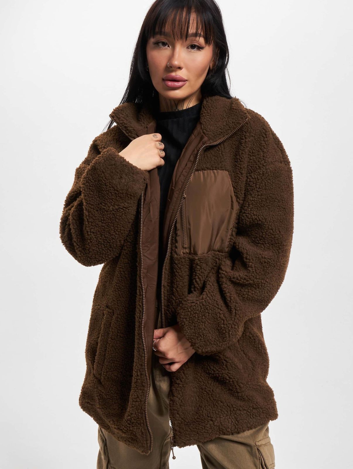 ONLY Damen Jacke Braun Teddyfell Stehkragen