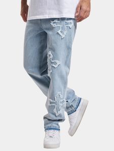 bequeme Karl Kani Herren Jeans Reißverschluss Taschen mit Baumwolle Hell-Blau