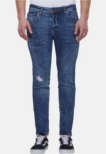 Cómodos pantalones vaqueros ajustados elásticos de algodón de primera calidad para hombre, talla 2Y, con cremallera, color azul.