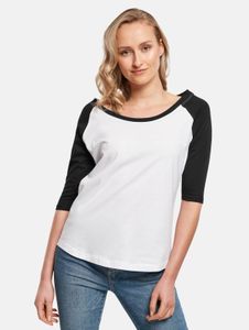 bequemes Build Your Brand Damen T-Shirt Rippbündchen 140 g/m² mit Baumwolle Weiß/Schwarz