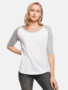 T-shirt sportiva da donna Build Your Brand con polsini a coste, 140 g/m² di cotone, bianco/grigio