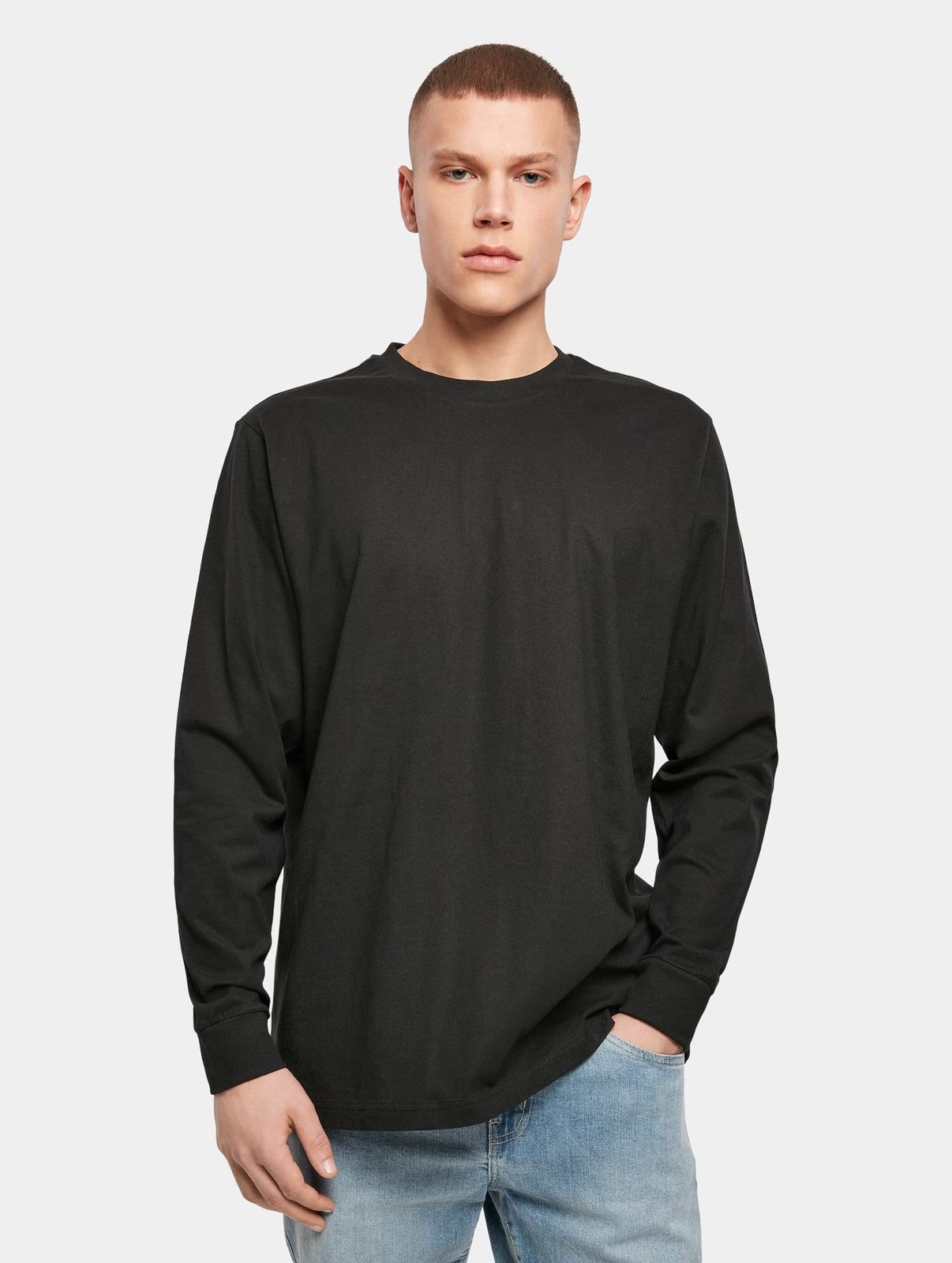 Comoda felpa da uomo Build Your Brand con polsini a coste, 200 g/m² di cotone, nera.