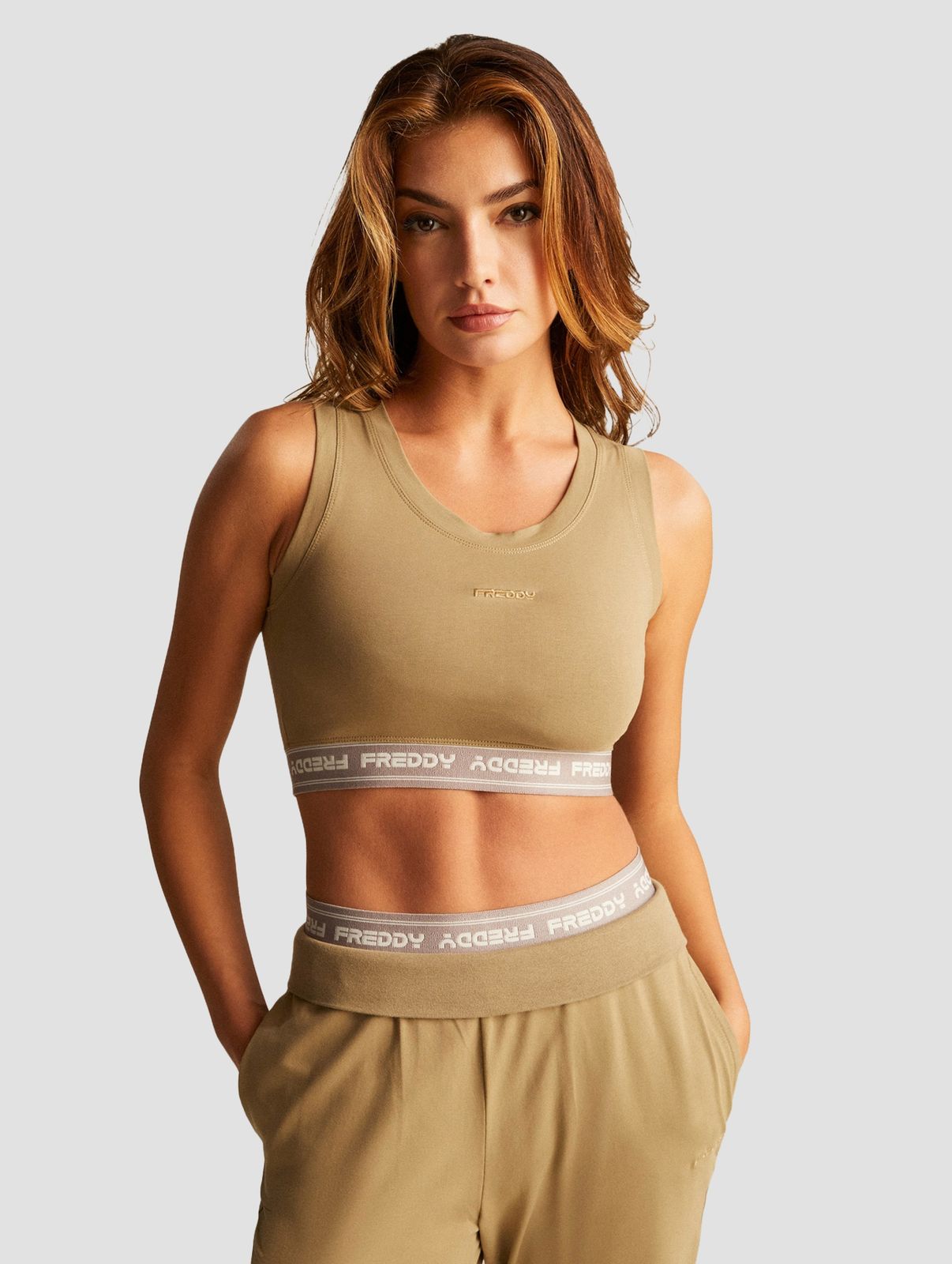 modernes Freddy Damen T-Shirt Stretch mit Baumwolle Khaki