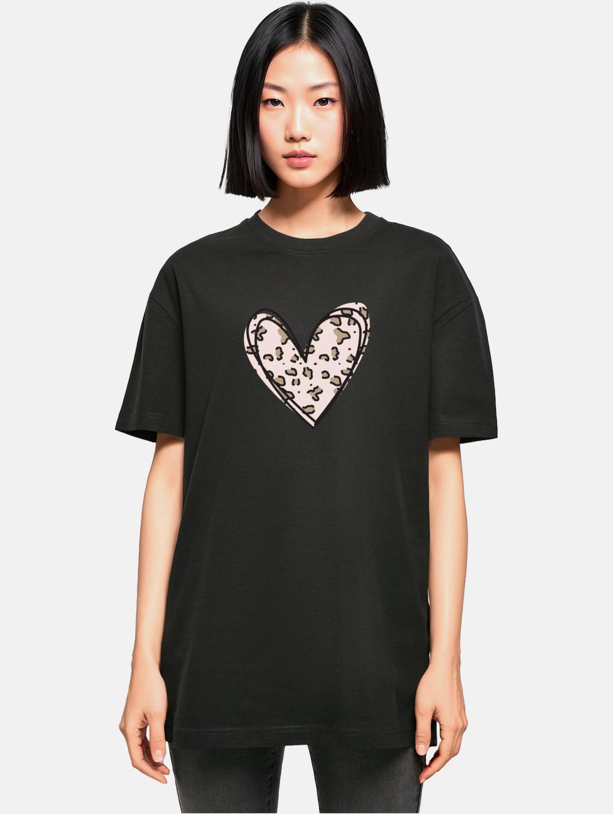 POD Damen T-Shirt Oversize Leo-Muster Baumwolle Schwarz