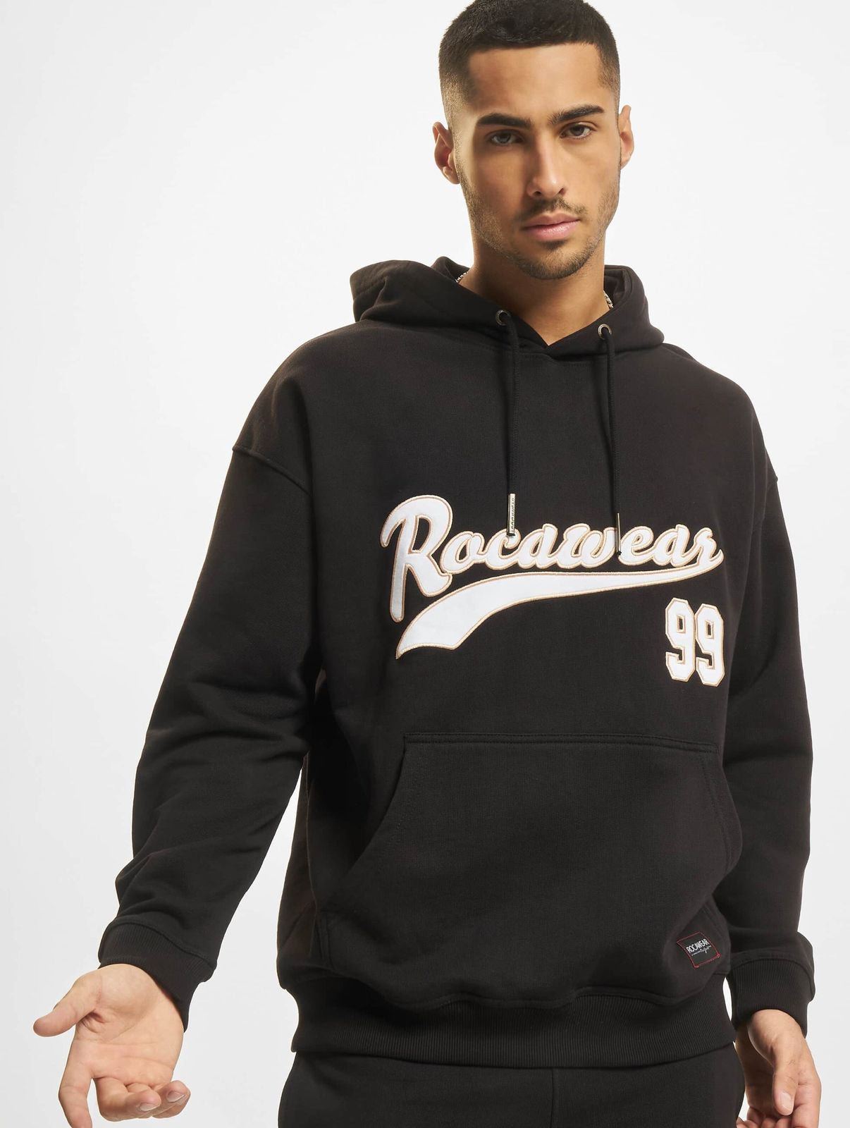 Modern Rocawear men's hoodie with drawstring hood, cotton, black