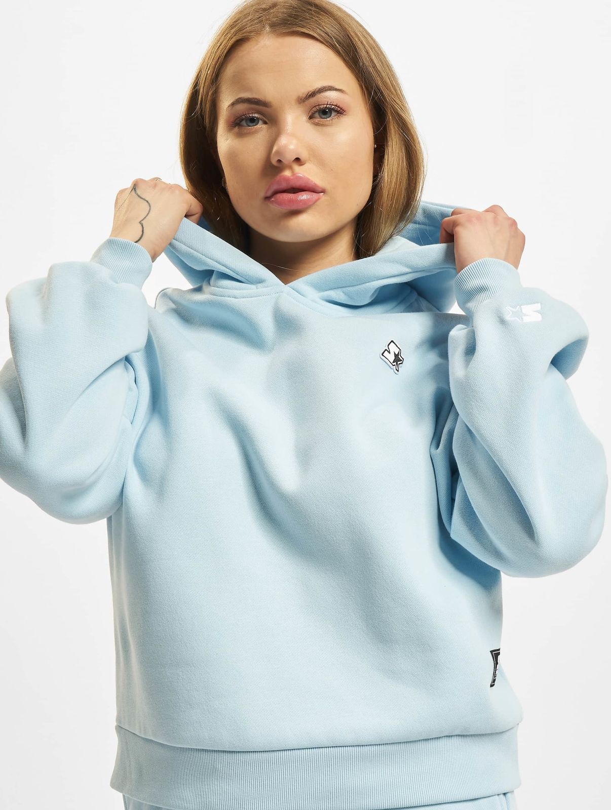 Modern starter women's hoodie with drawstring and ribbed cuffs, 300 g/m² cotton, light blue