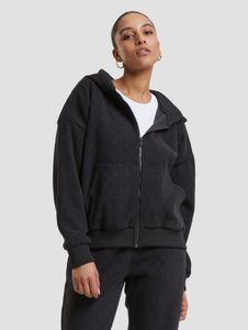 Comfortable Urban Classics women's hoodie with zipper and ribbed cuffs, black
