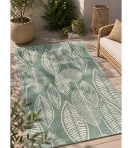 Moderner Outdoor-Teppich im Blattmuster-Design Garten-Teppich Dekoteppich ca.90 x 150cm Grün/Weiß
