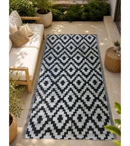 Moderner Outdoor-Teppich im Rauten-Design Garten-Teppich Dekoteppich ca.90 x 150cm Weiß/Schwarz