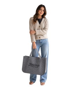 Elegante borsa shopper da donna in feltro con ricamo "Favorite Bag", 50x35x25 cm, grigia