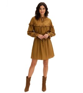 zartes Damen Tunika-Kleid aus fließender Viskose mit Rüschen und Bindeband 906791 Braun