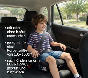 osann Boost Isofix Kinder Sitzerhöhung zertifizierter Kindersitz mit waschbarem Bezug 135-150cm Schwarz