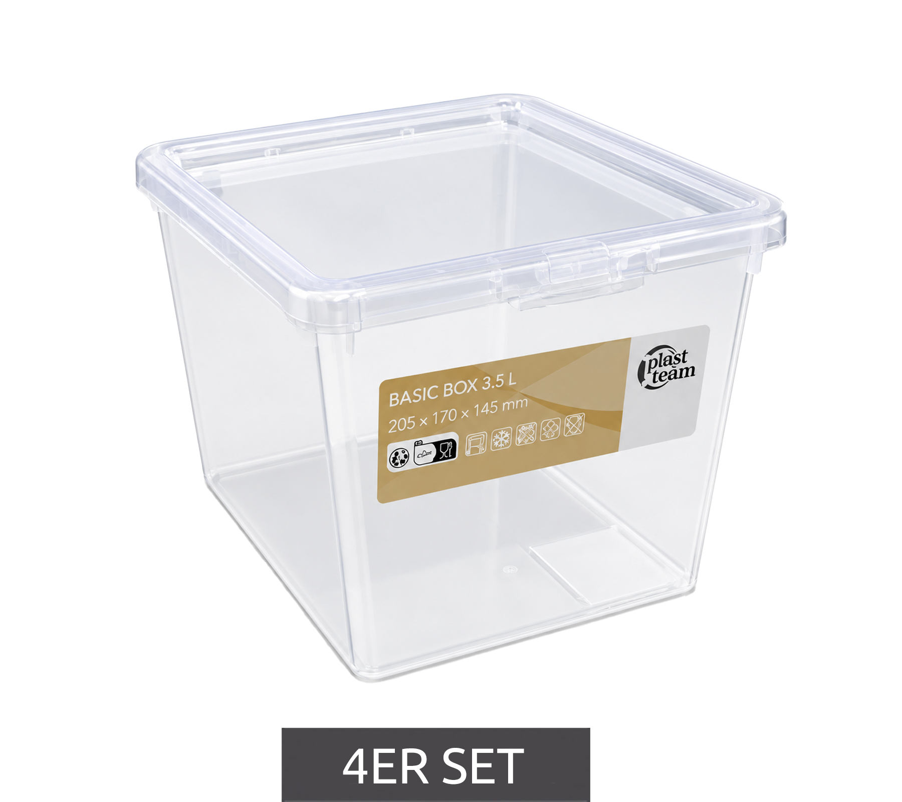 Set di 4 contenitori portaoggetti Plast Team, capacità 3,5 litri ciascuno, impilabili con coperchio, 8042228 Trasparente/Bianco