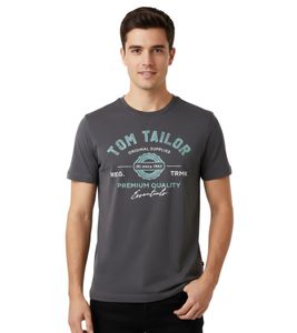 plakatives Tom Tailor Herren T-Shirt Baumwoll-Sportshirt mit Logo Schriftzug 1037735 10899 Grau/Türkis