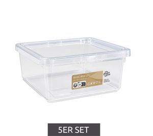 Lot de 5 boîtes de rangement Plast Team, capacité de 1,7 litre chacune, empilables avec couvercles, 8360926 Transparent/Blanc