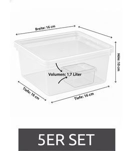 Set di 5 contenitori portaoggetti Plast Team, capacità 1,7 litri ciascuno, impilabili con coperchio, 8360926 Trasparente/Bianco