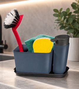 Spülbecken-Organizer mit praktischem Wasserablauf Spülutensilien-Aufbewahrung Blau/Grau