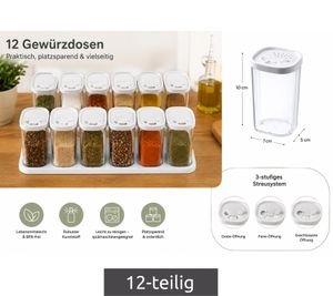 Ensemble de 12 pots à épices en plastique avec couvercles et 2 supports – Récipients de 250 ml pour épices, herbes, poivre et sel – Transparent/Blanc