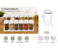 Ensemble de 12 pots à épices en plastique avec couvercles et 2 supports – Récipients de 250 ml pour épices, herbes, poivre et sel – Transparent/Blanc